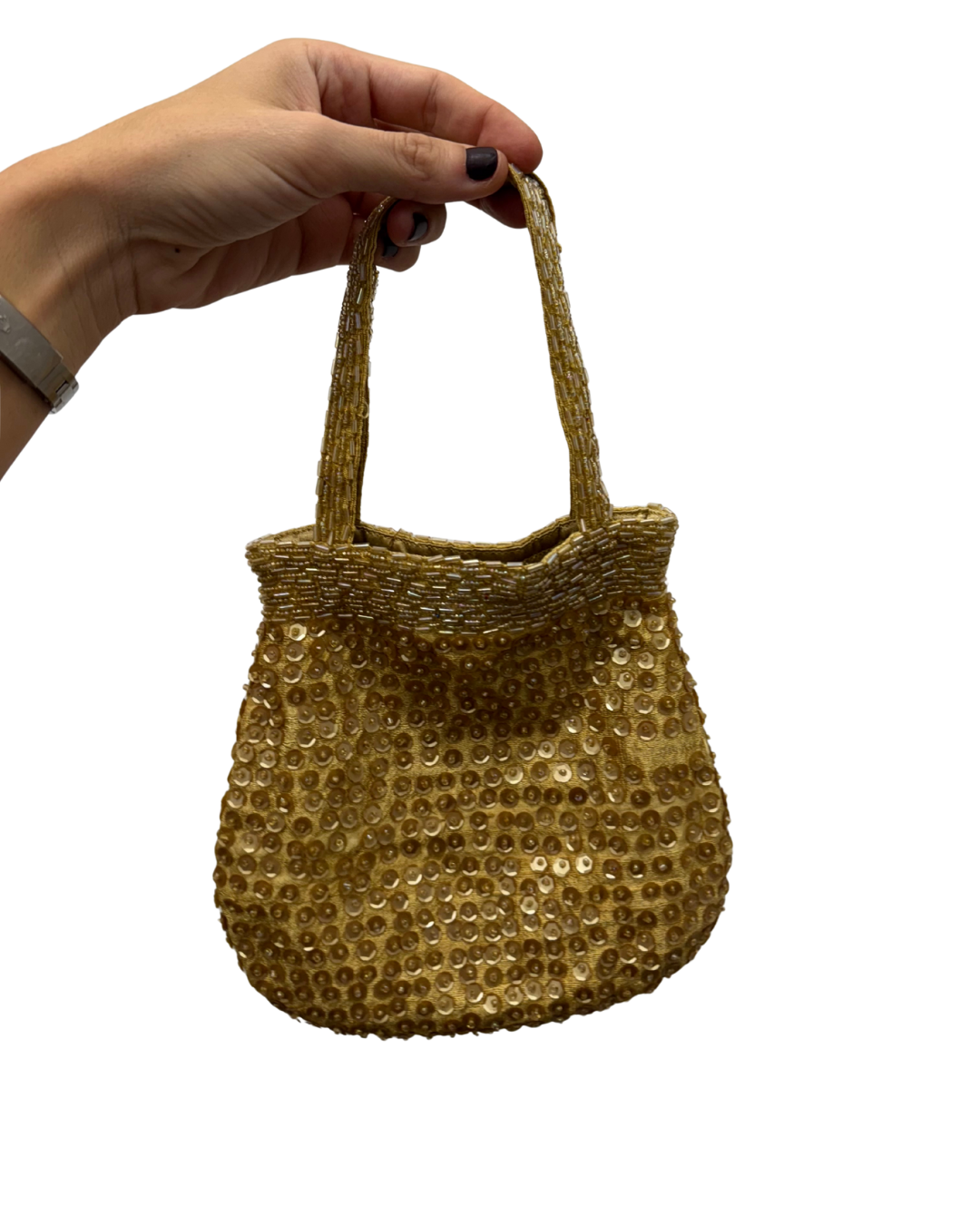 Bolso vintage dorado tipo saco bordado de lentejuelas