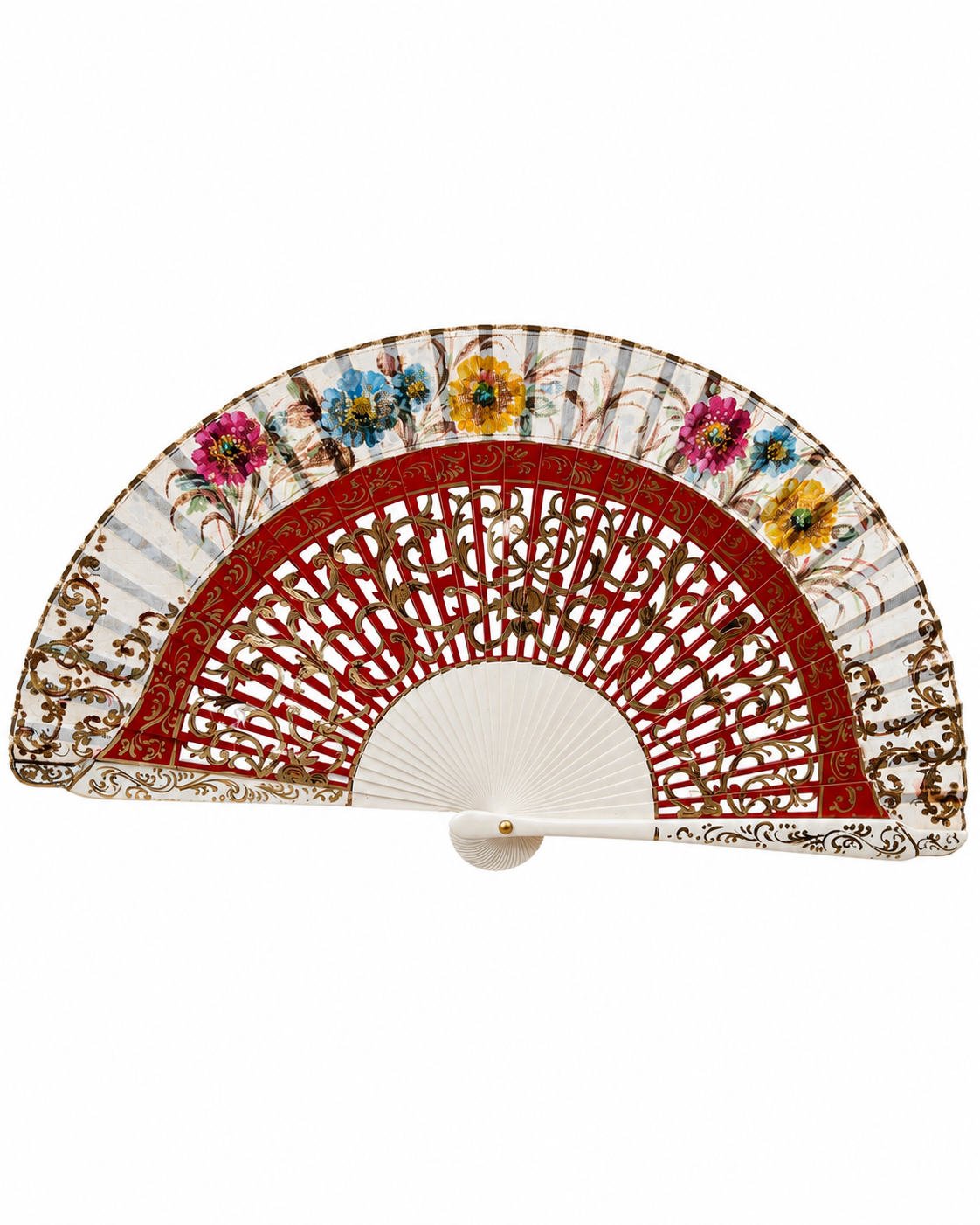 Abanico vintage español crudo y rojo de madera con motivos florales pintados a mano en dorado, rosa, azul y amarillo 19 cm