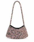 Bolsa vintage castanha estilo saco com flores vermelhas bordadas