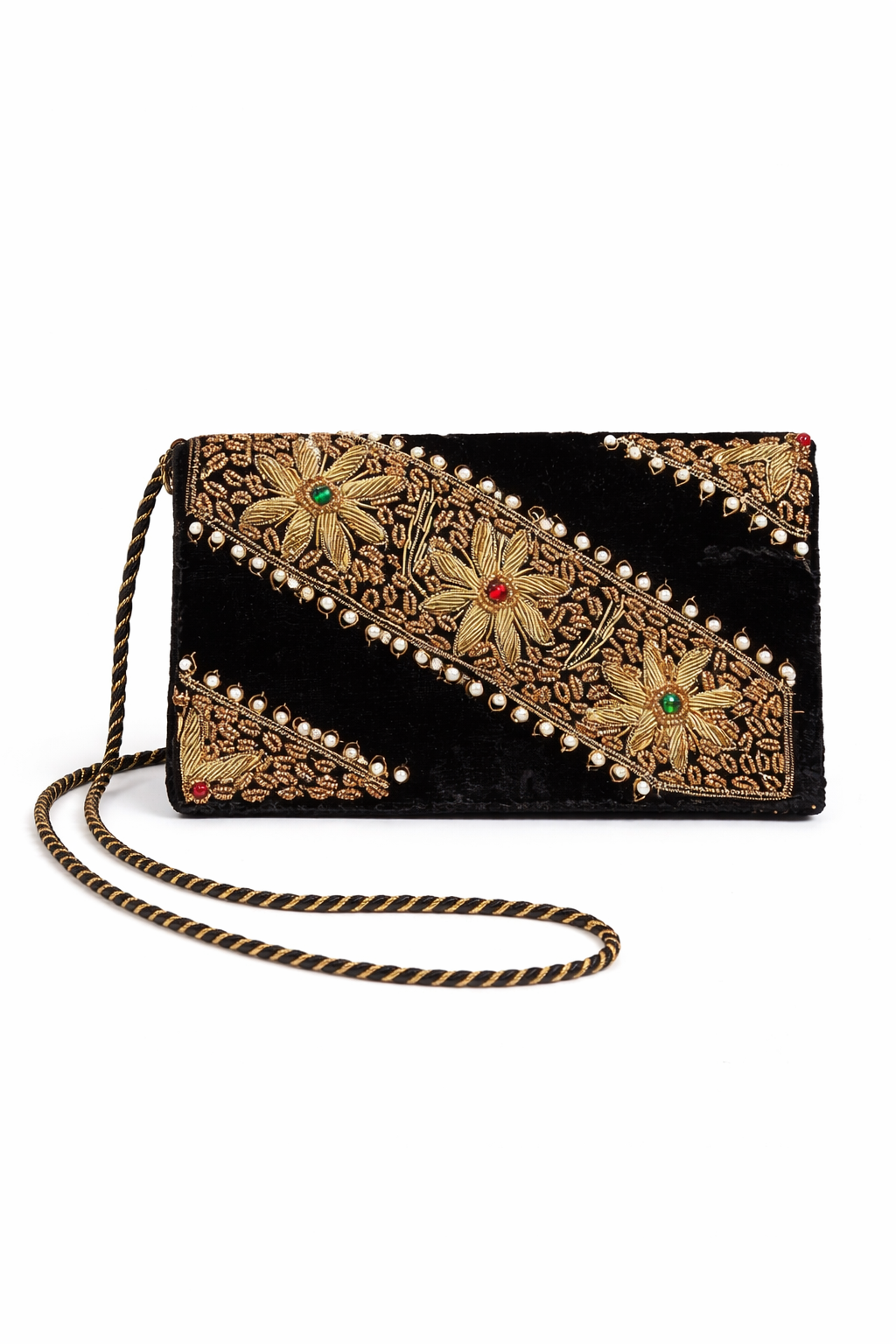 Bolsa vintage castanha estilo saco com flores vermelhas bordadas