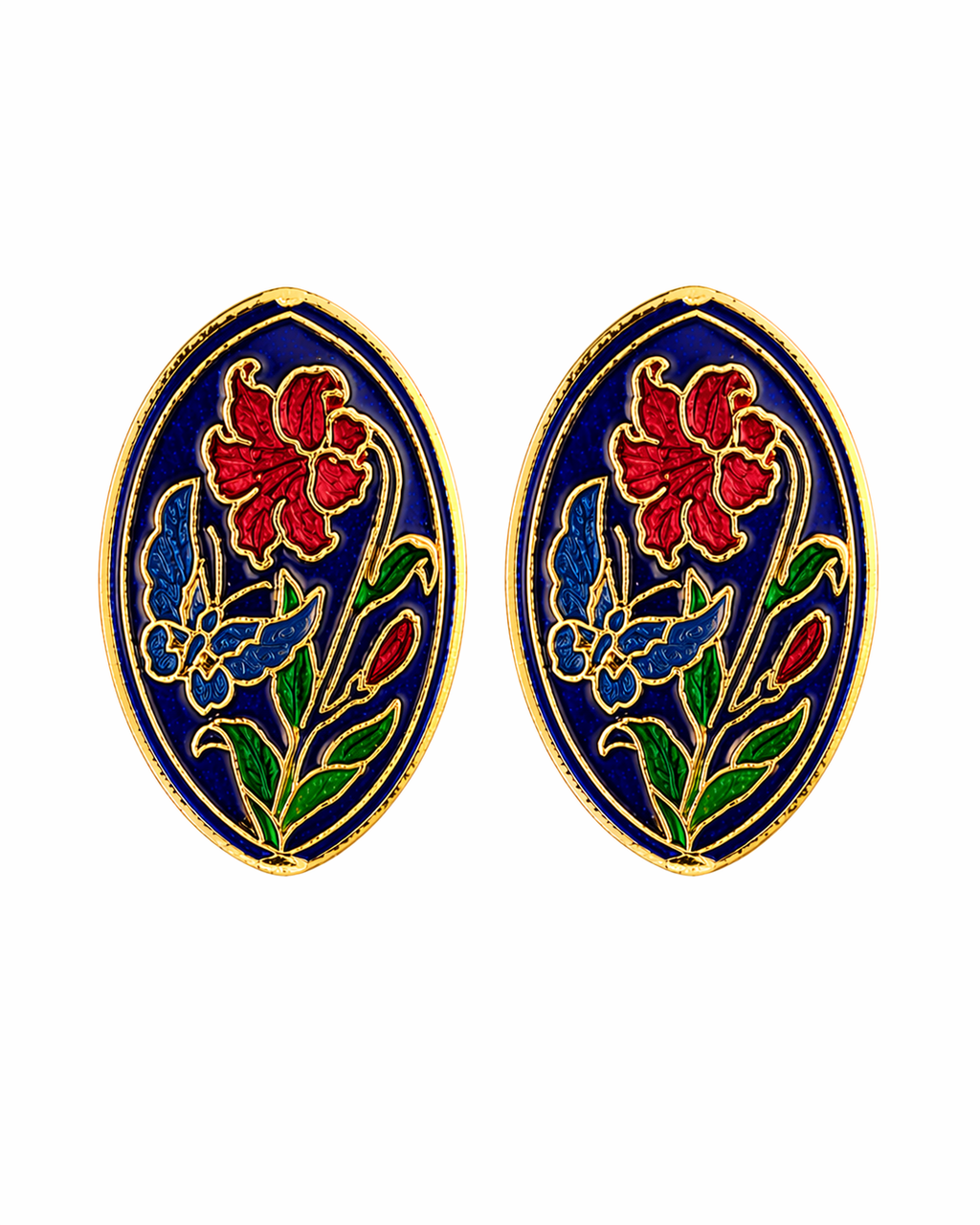 Pendientes vintage de cloisonné de flore y mariposas en esmalte azul oscuro, rojo y verde