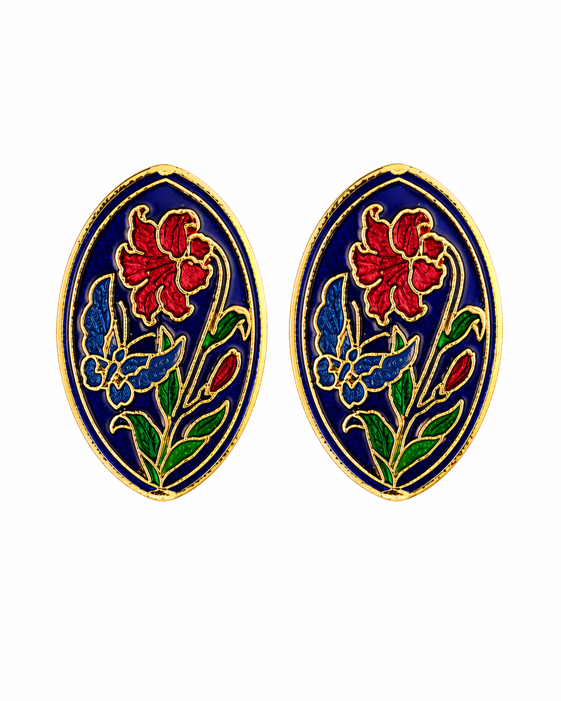 Pendientes vintage de cloisonné de flore y mariposas en esmalte azul oscuro, rojo y verde