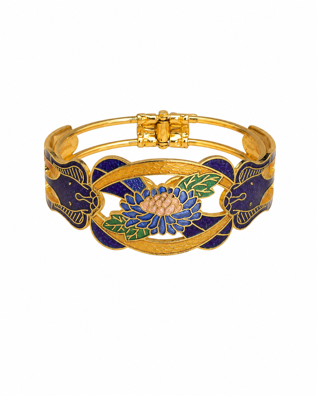 Pulsera vintage de cloisonné de flores azul marino, verde y mostaza