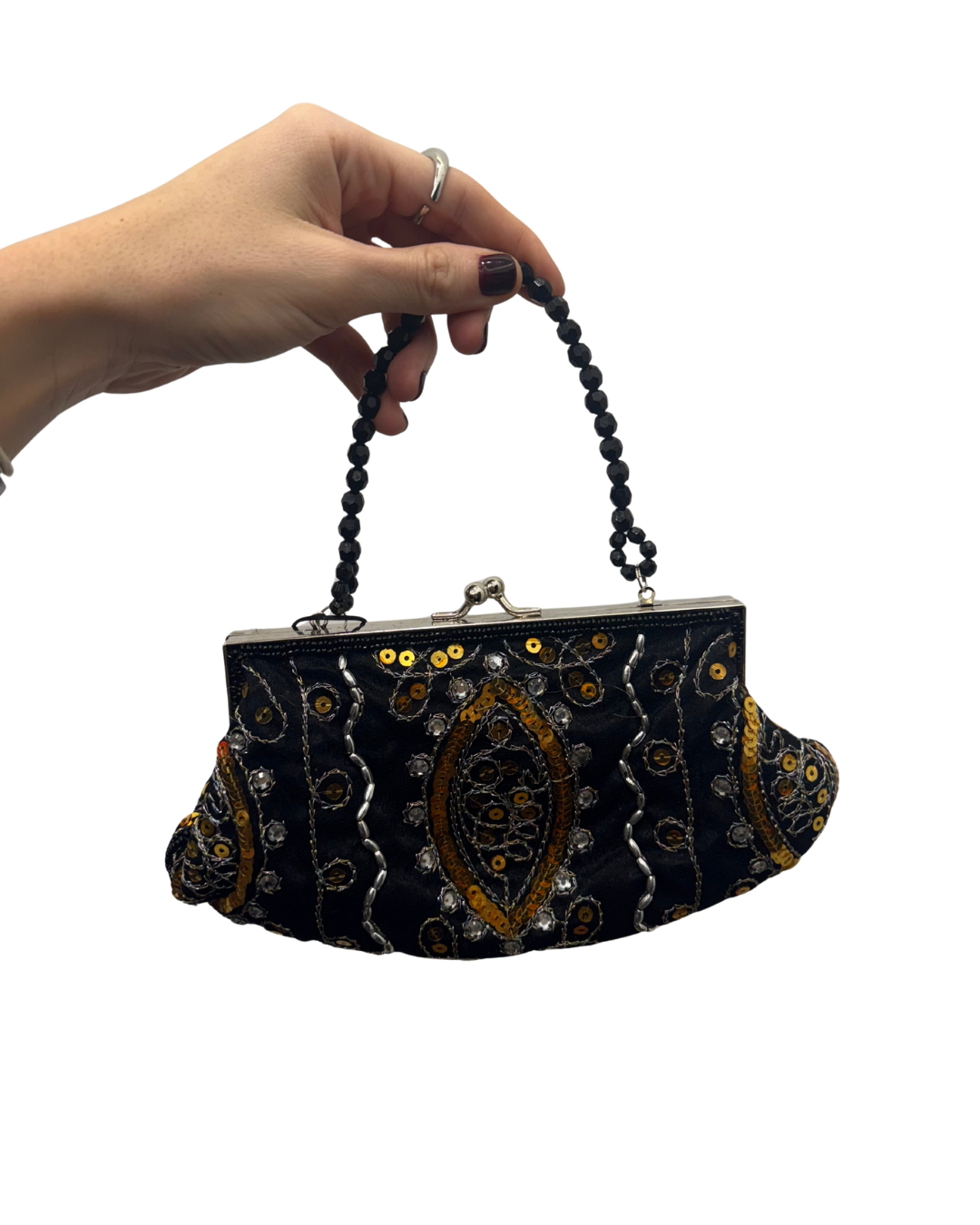 Bolso vintage negro tipo clutch con helechos dorados bordados y asa de cuentas