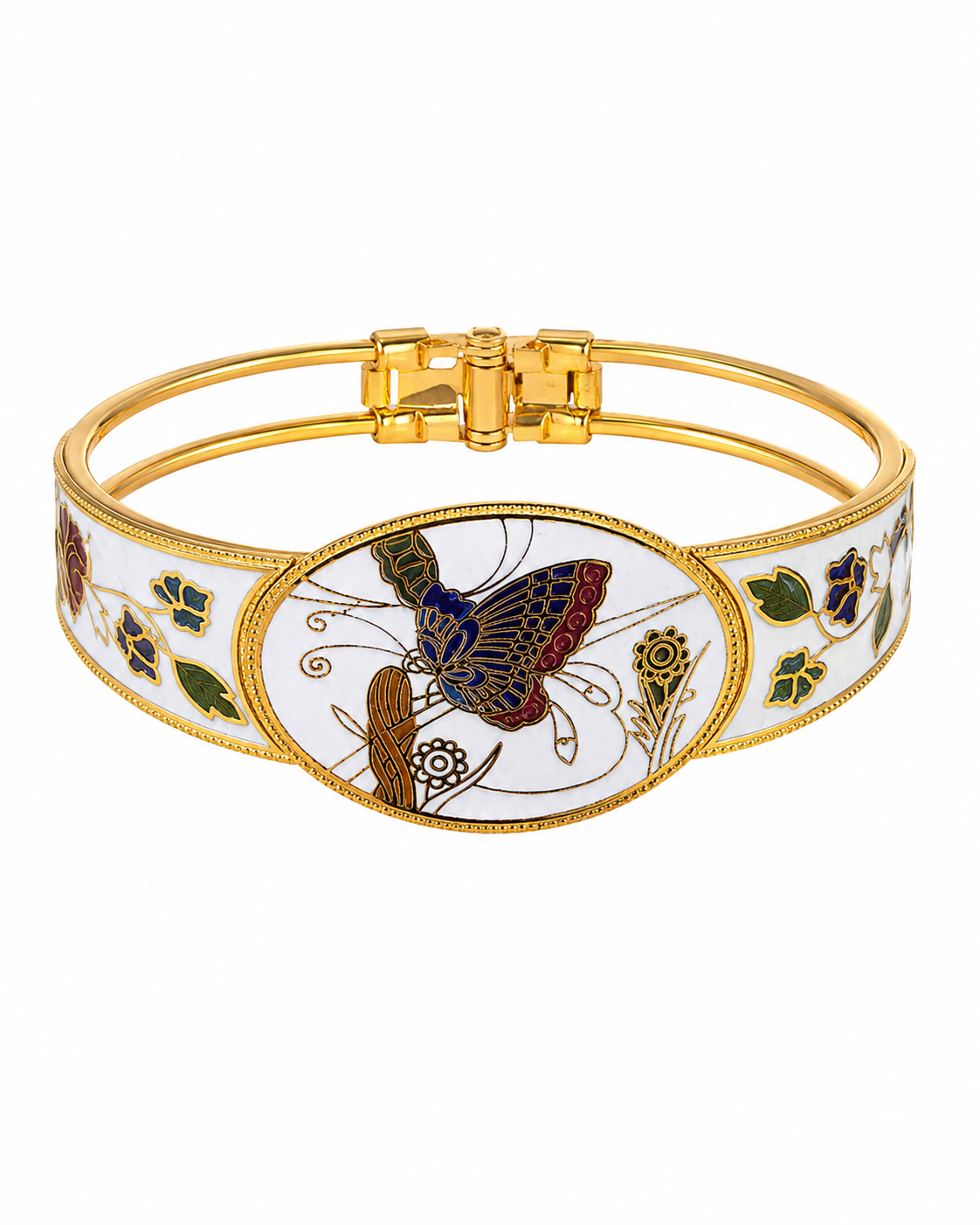 Pulsera vintage de cloisonné blanca con flores y mariposa