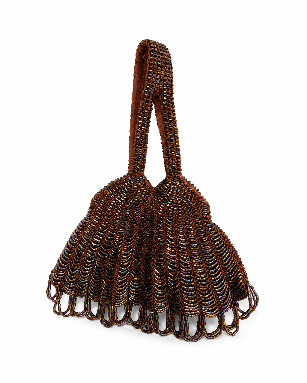Bolso vintage marrón tipo años 20 de cuentas y acabado en flecos triangular