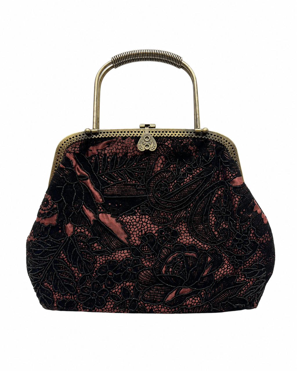 Bolso vintage bombonera de encaje con flores y asa metálica