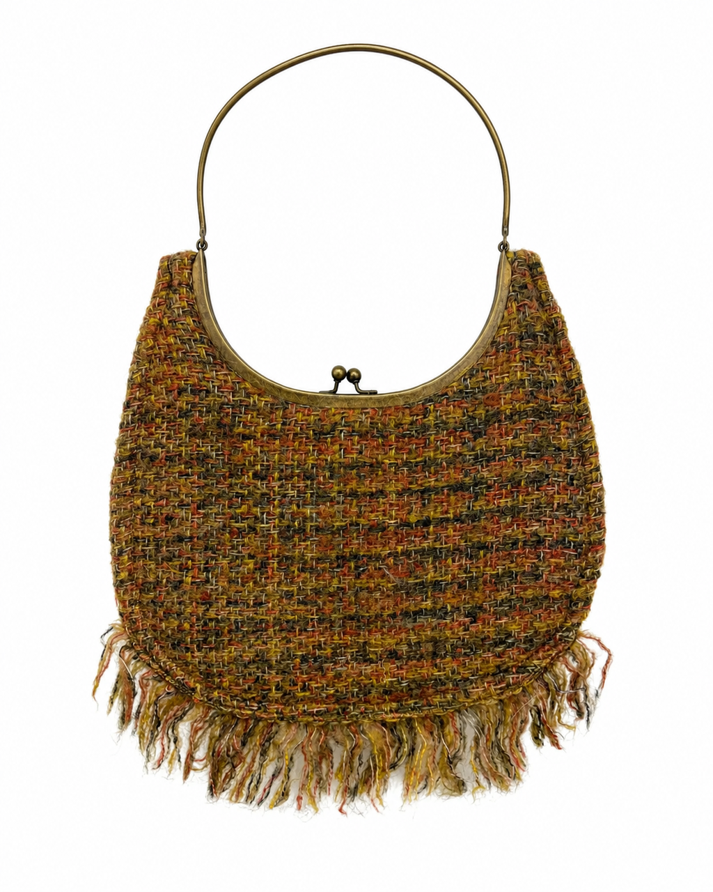 Bolsa vintage em lã com franjas claras.