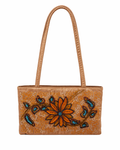 Bolsa vintage castanha estilo saco com flores vermelhas bordadas