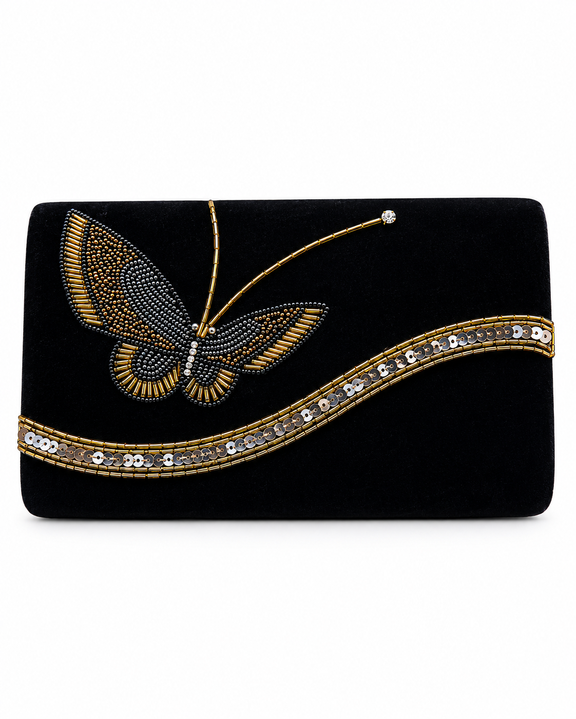 Bolso vintage cartera negro de terciopelo con una mariposa y lentejuelas bordadas