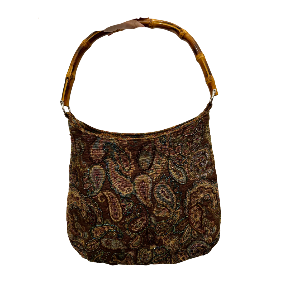 Bolso vintage marrón tipo saco con asa de bambu bordado con lentejuelas en amebas