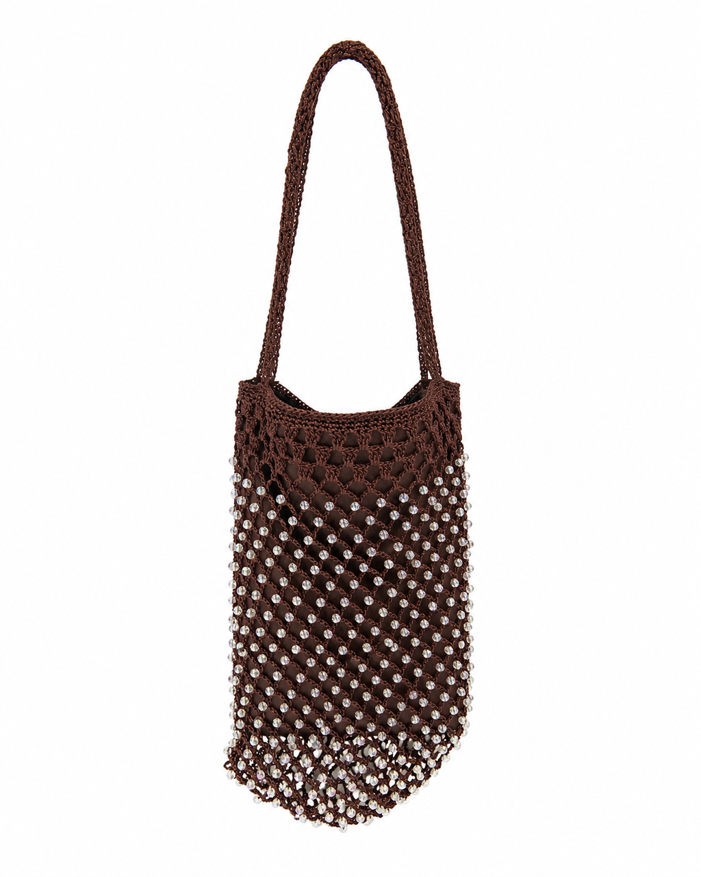 Bolso vintage marrón tipo saquito con malla de abalorios