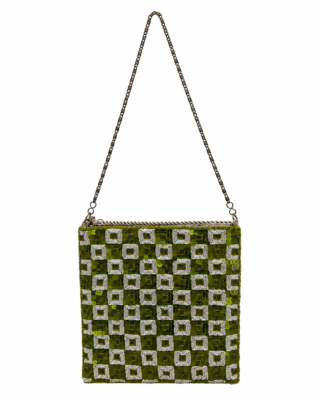 Bolsa vintage verde estilo saco com bordado geométrico de lantejoulas