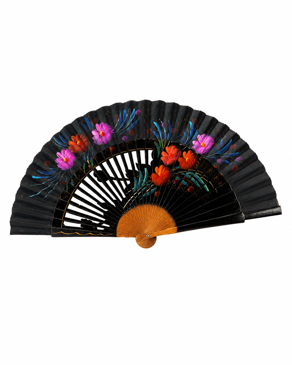 Abanico vintage español negro de madera pintado a mano con motivos florales en rosa, naranja y azul
