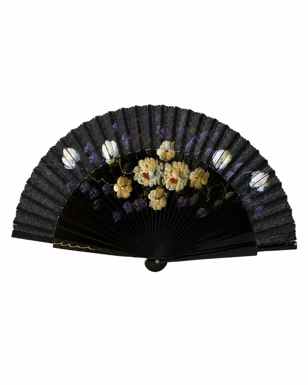 Abanico vintage español años 40 negro de madera con motivos florales pintados a mano en amarillos y azules