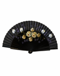 Abanico vintage español años 40 negro de madera con motivos florales pintados a mano en amarillos y azules
