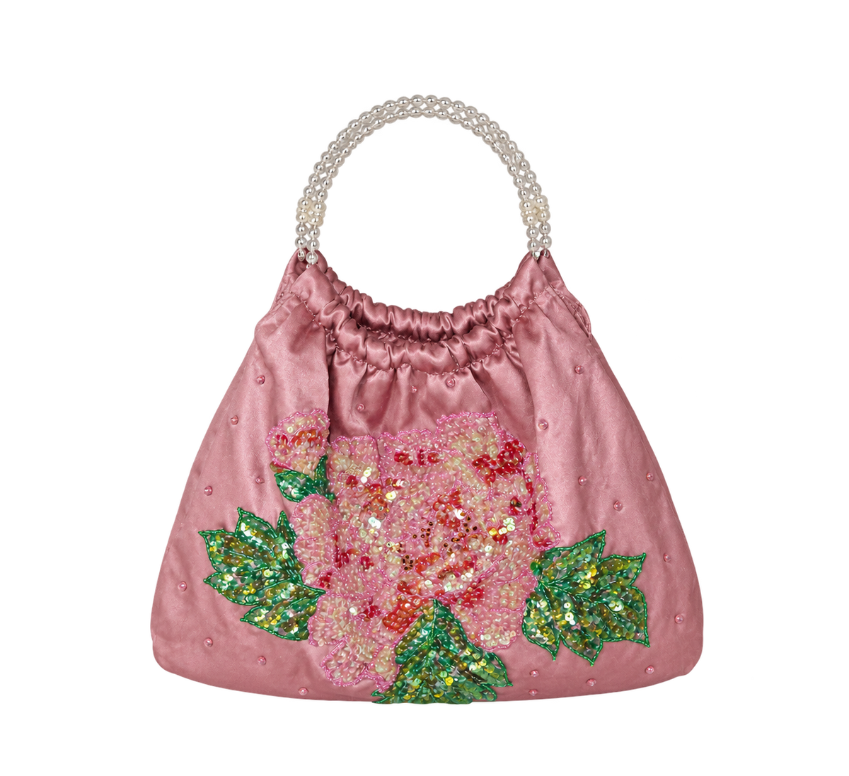 Bolso vintage tipo bombonera rosa con asa de cuentas
