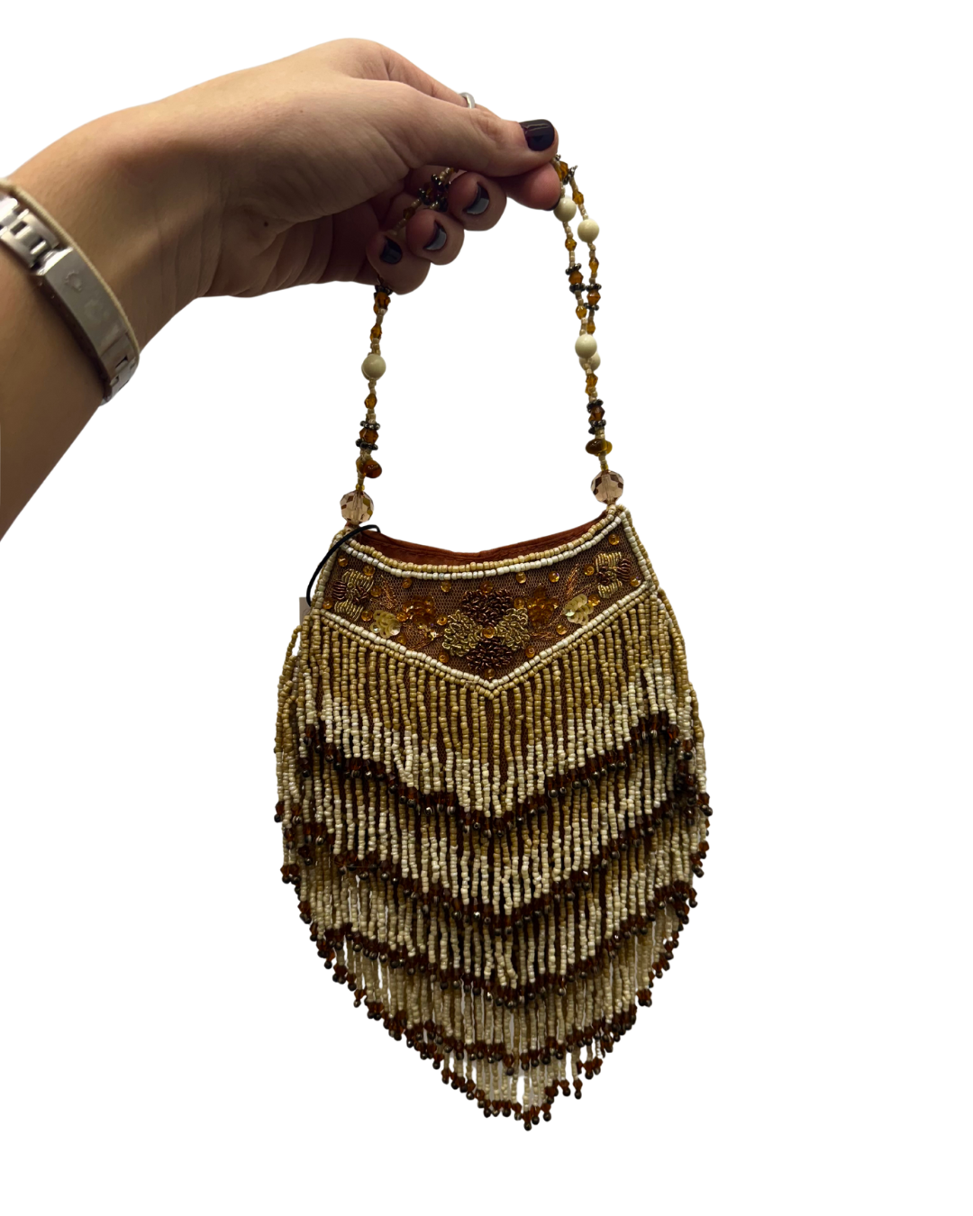 Bolso vintage marrón tipo saco de flecos con asa de cuentas