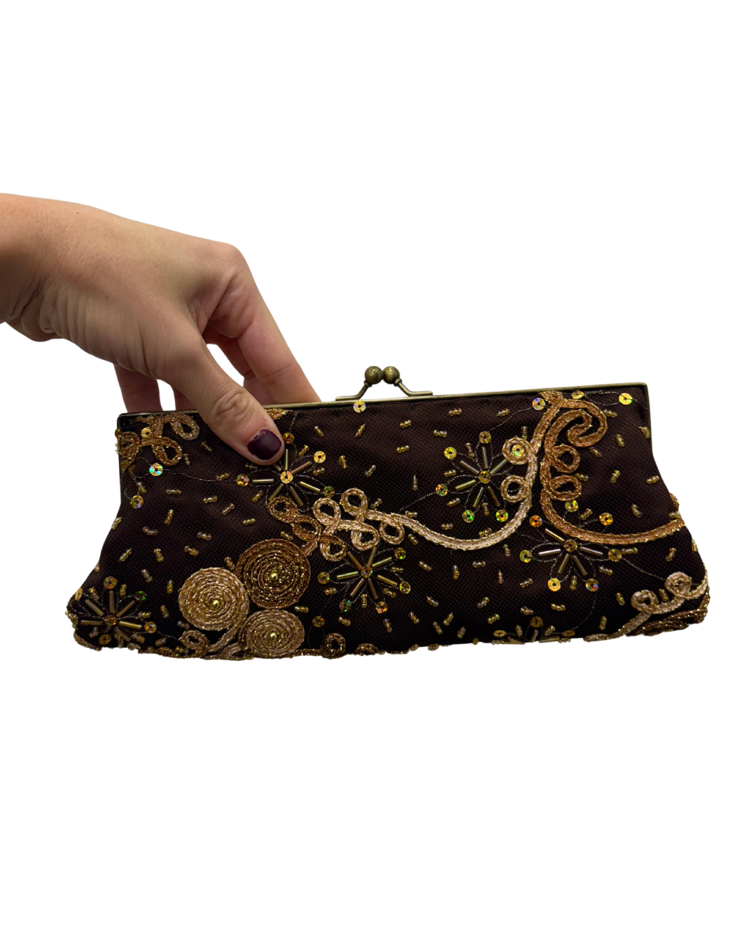 Bolso vintage marrón y beige tipo clutch con helechos bordados de lentejuelas