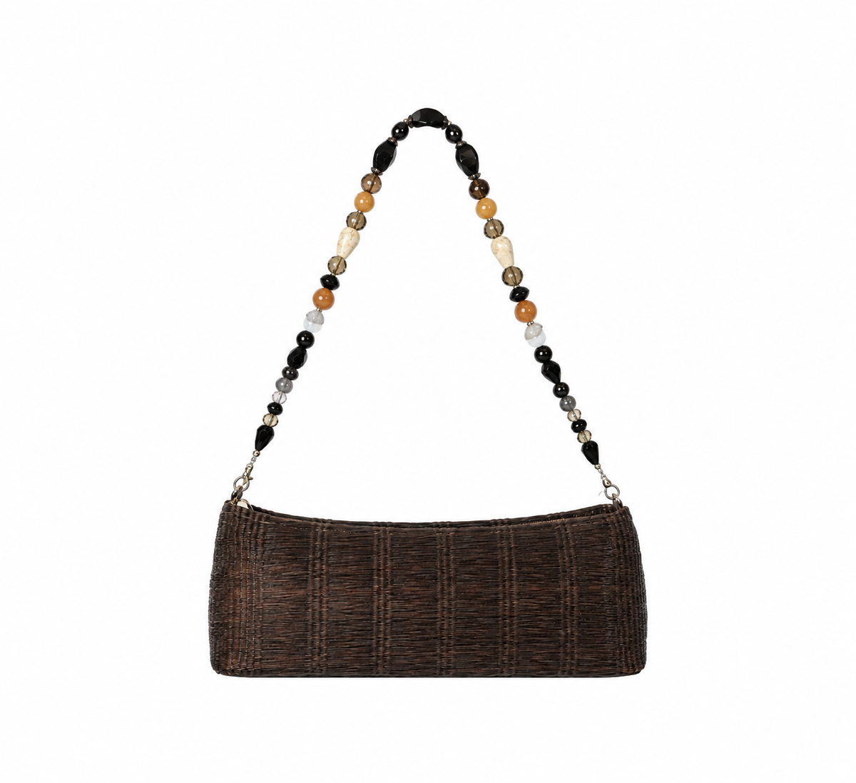 Bolso vintage marrón con asa de cuentas de colores
