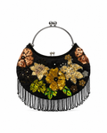 Bolso vintage negro tipo bombonera rematado en flecos con flores de colores de lentejuelas