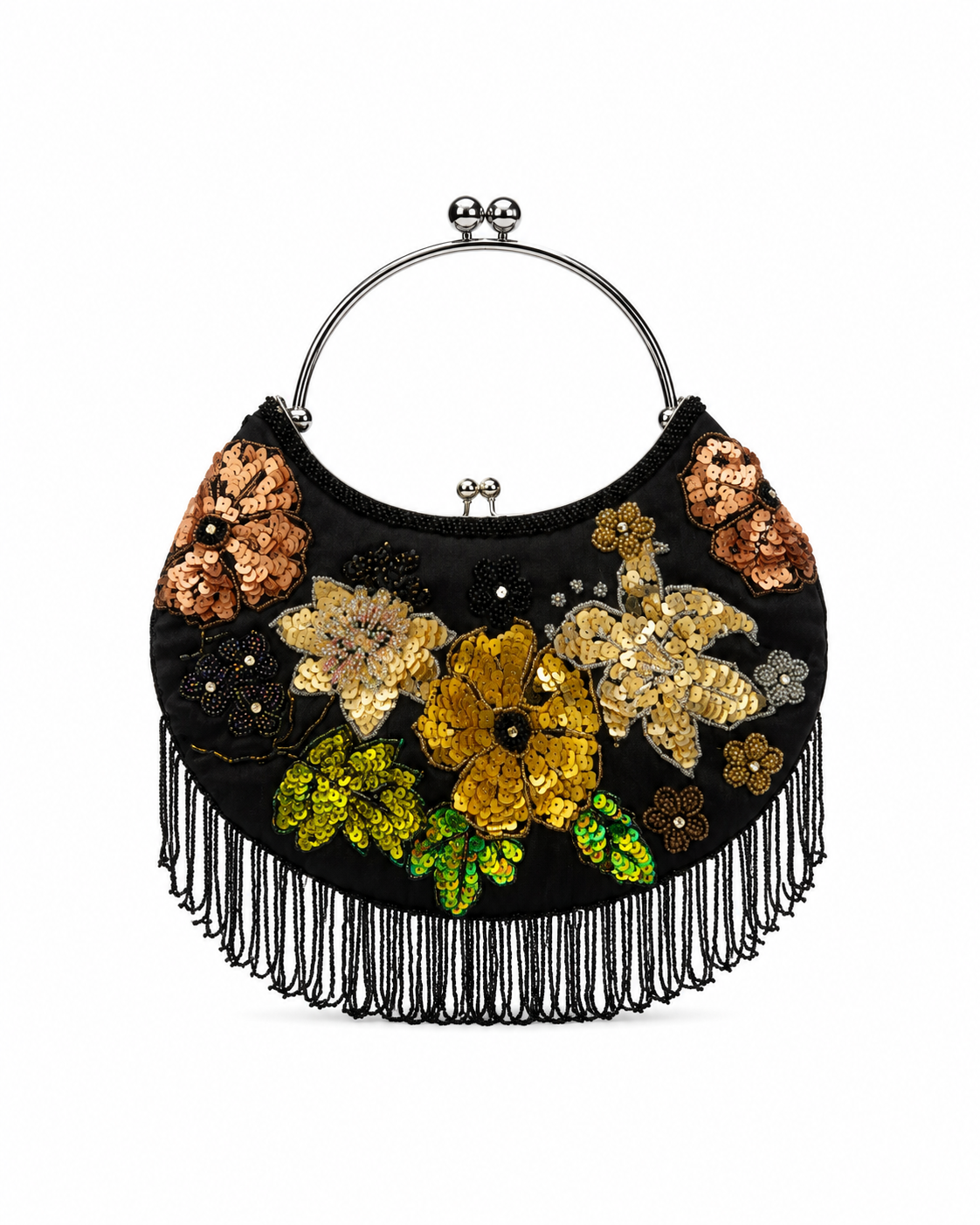 Bolso vintage negro tipo bombonera rematado en flecos con flores de colores de lentejuelas