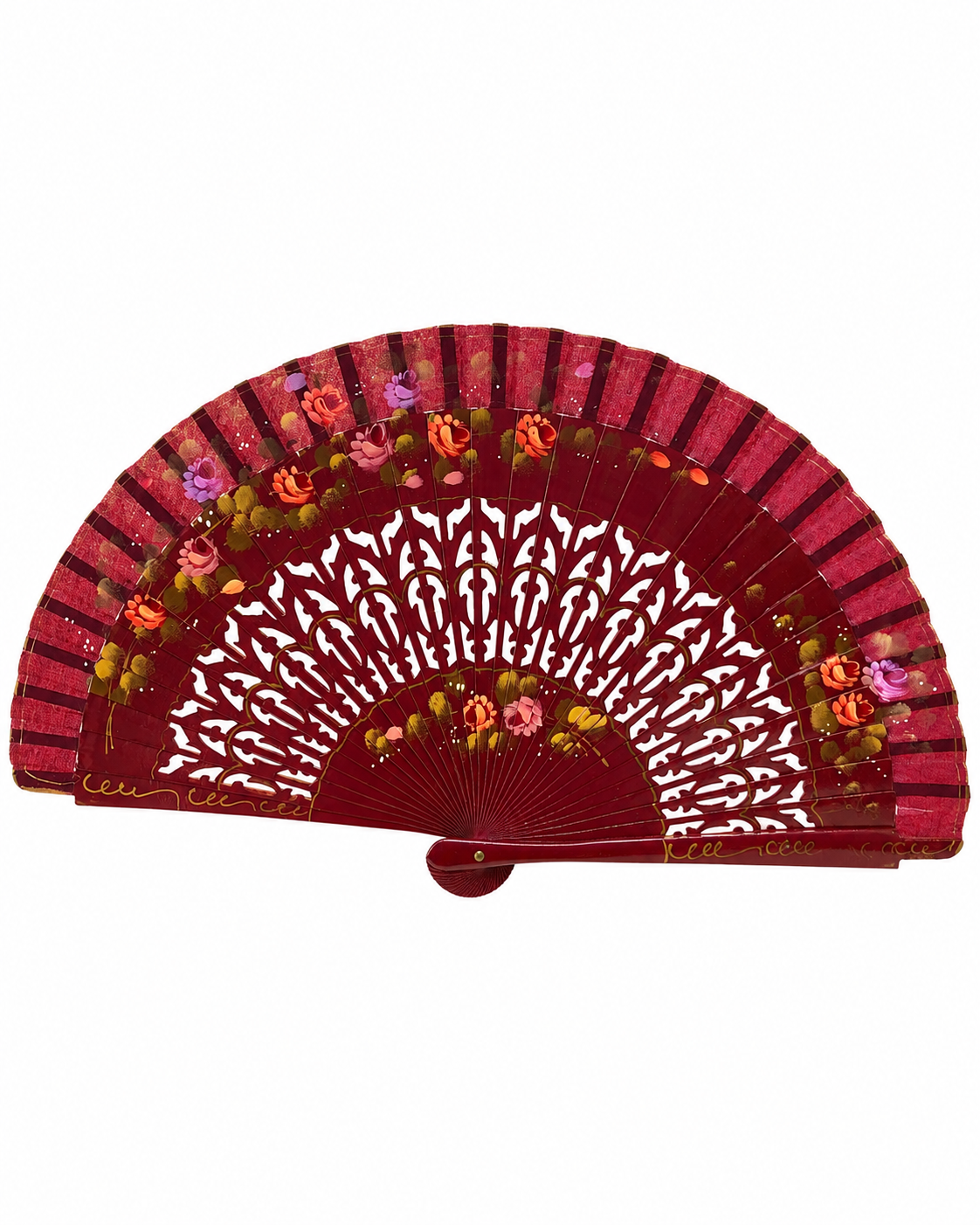 Abanico vintage español granate con motivos florales pintados a mano 18cm