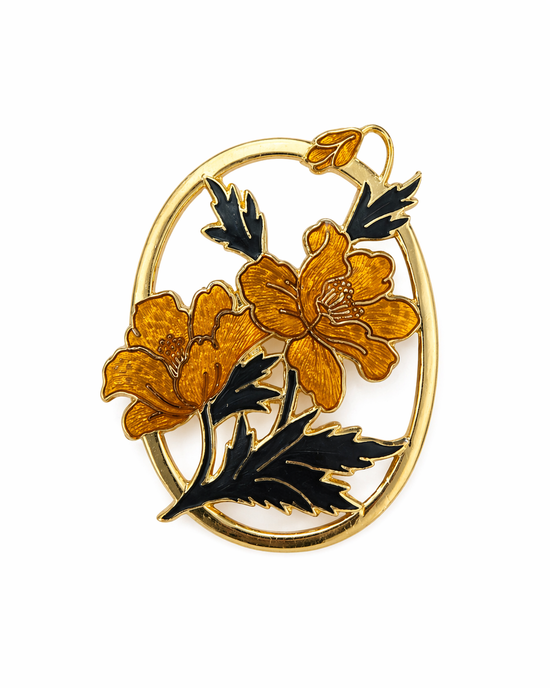 Broche vintage de cloisonné de flores en esmalte mostaza y verde