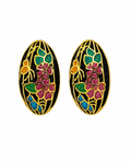 Pendientes vintage de cloisonné de flores en esmalte fucsia, mostaza y verde