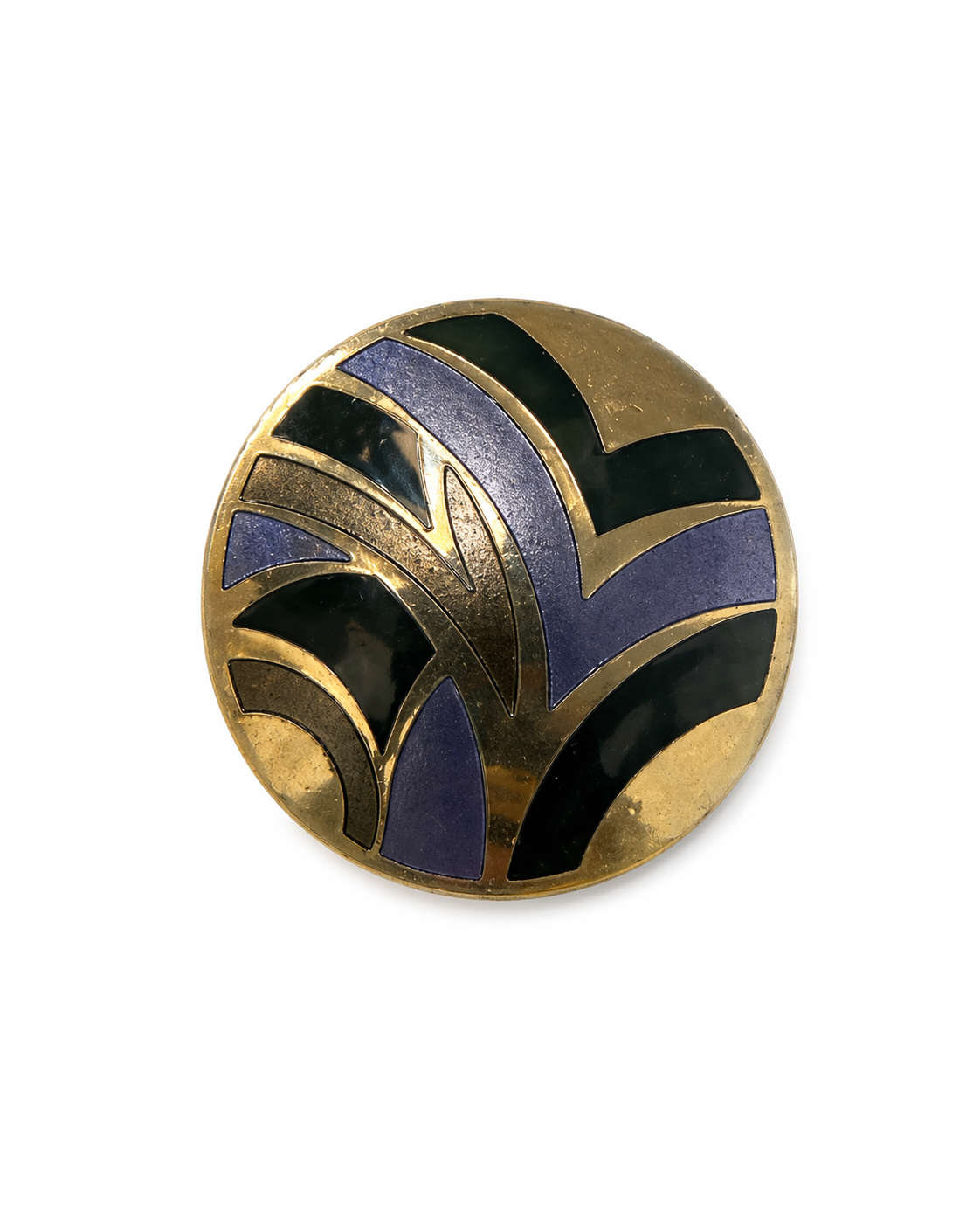 Broche vintage de cloisonné geométrico dorado en esmalte negro y azul