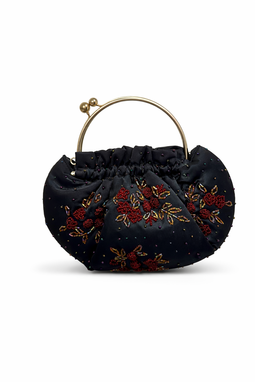 Bolso vintage bombonera negra con flores rojas y verdes