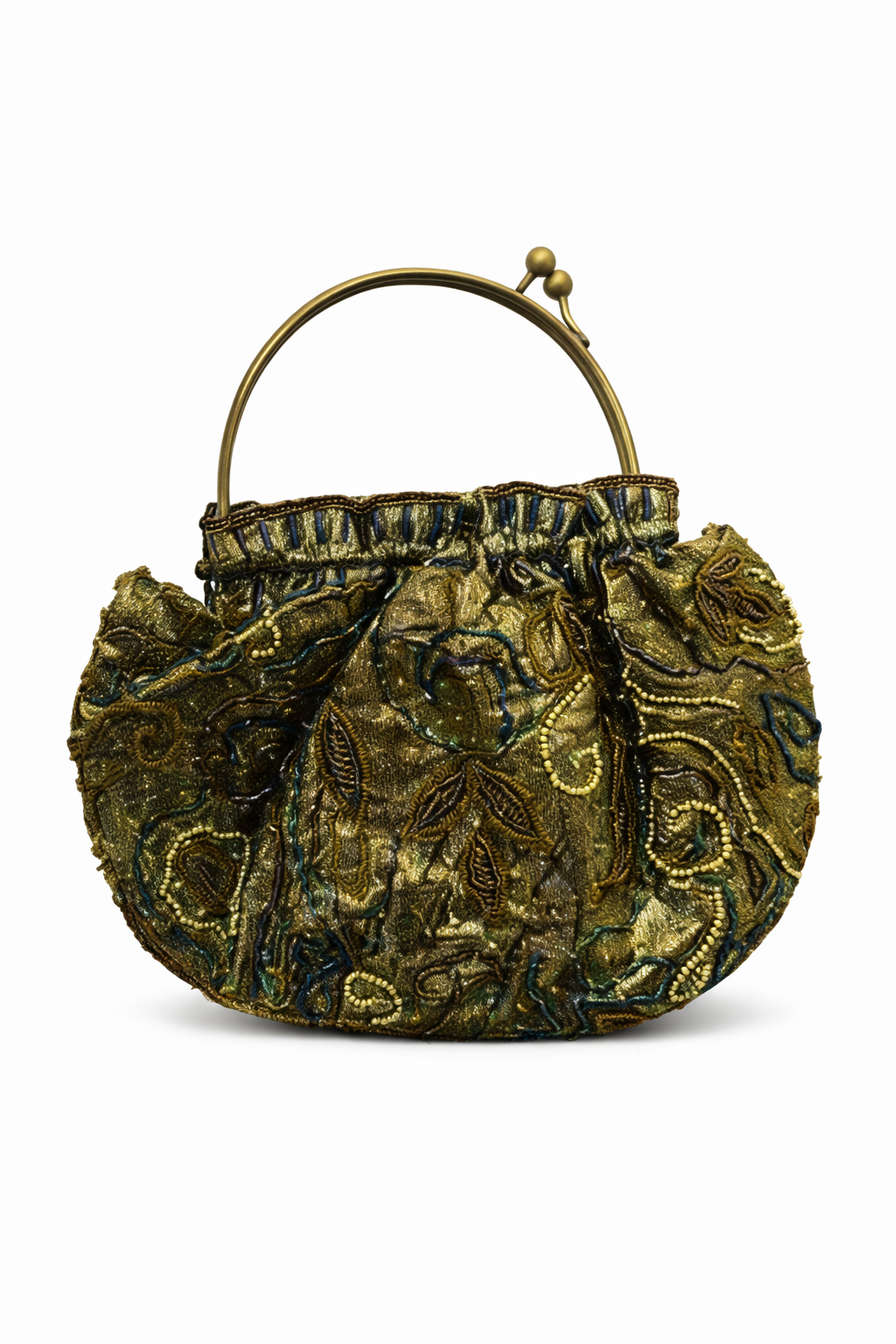 Bolso vintage bombonera dorada con flores bordadas en bronce