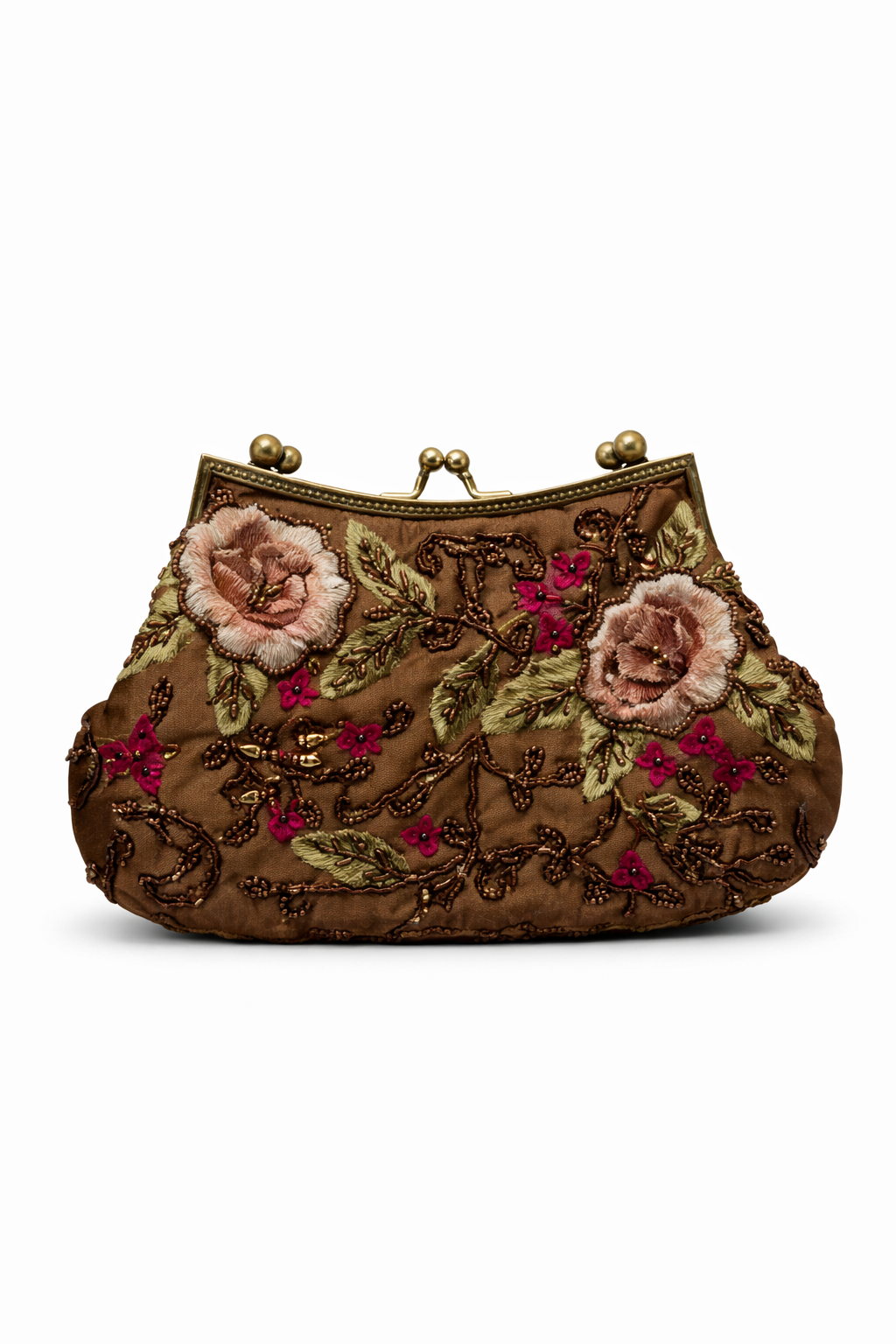 Bolsa clutch vintage castanha com detalhe em missangas bronze