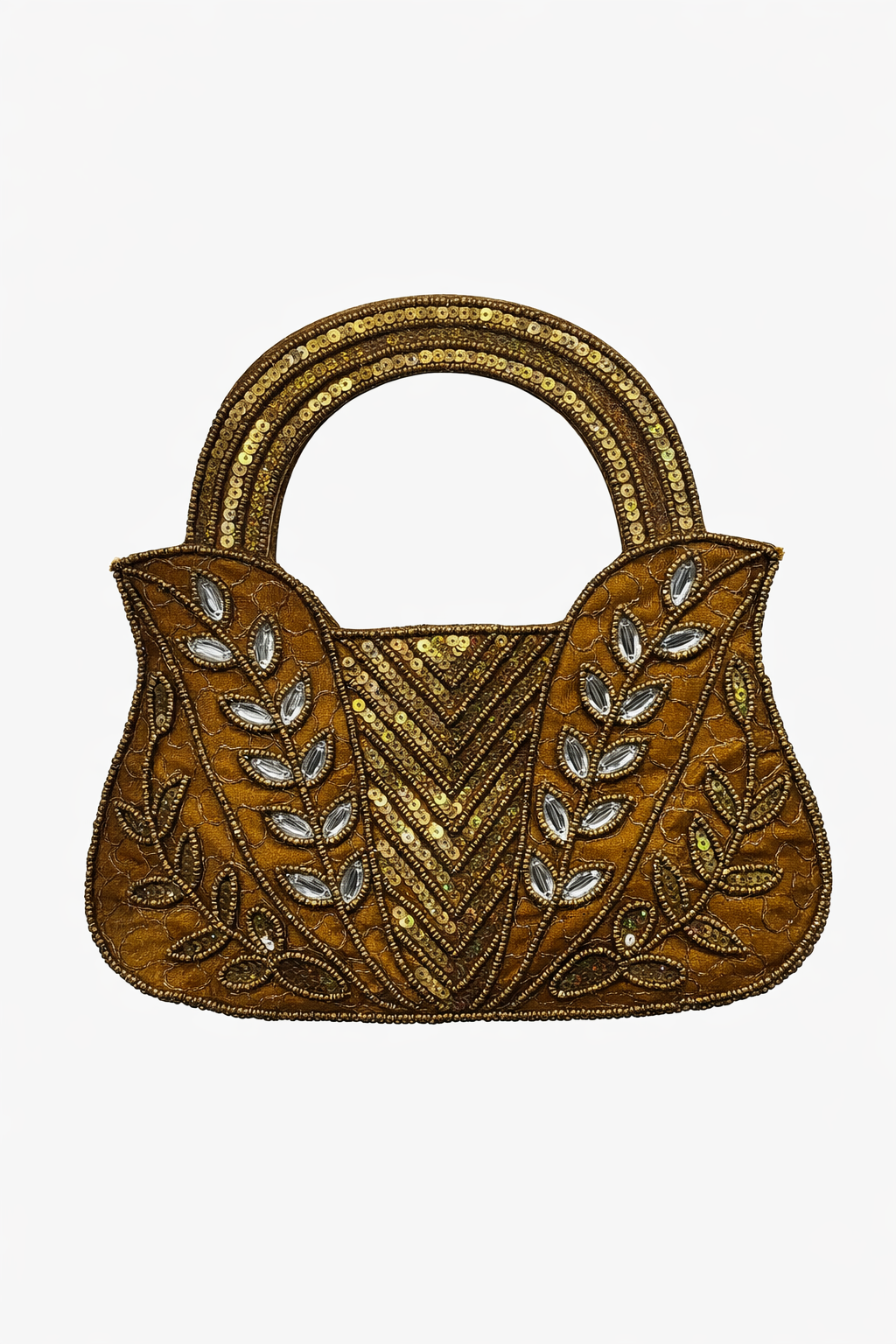 Bolso vintage ocre tipo saquito bordado con helechos de cuentas y lentejuelas