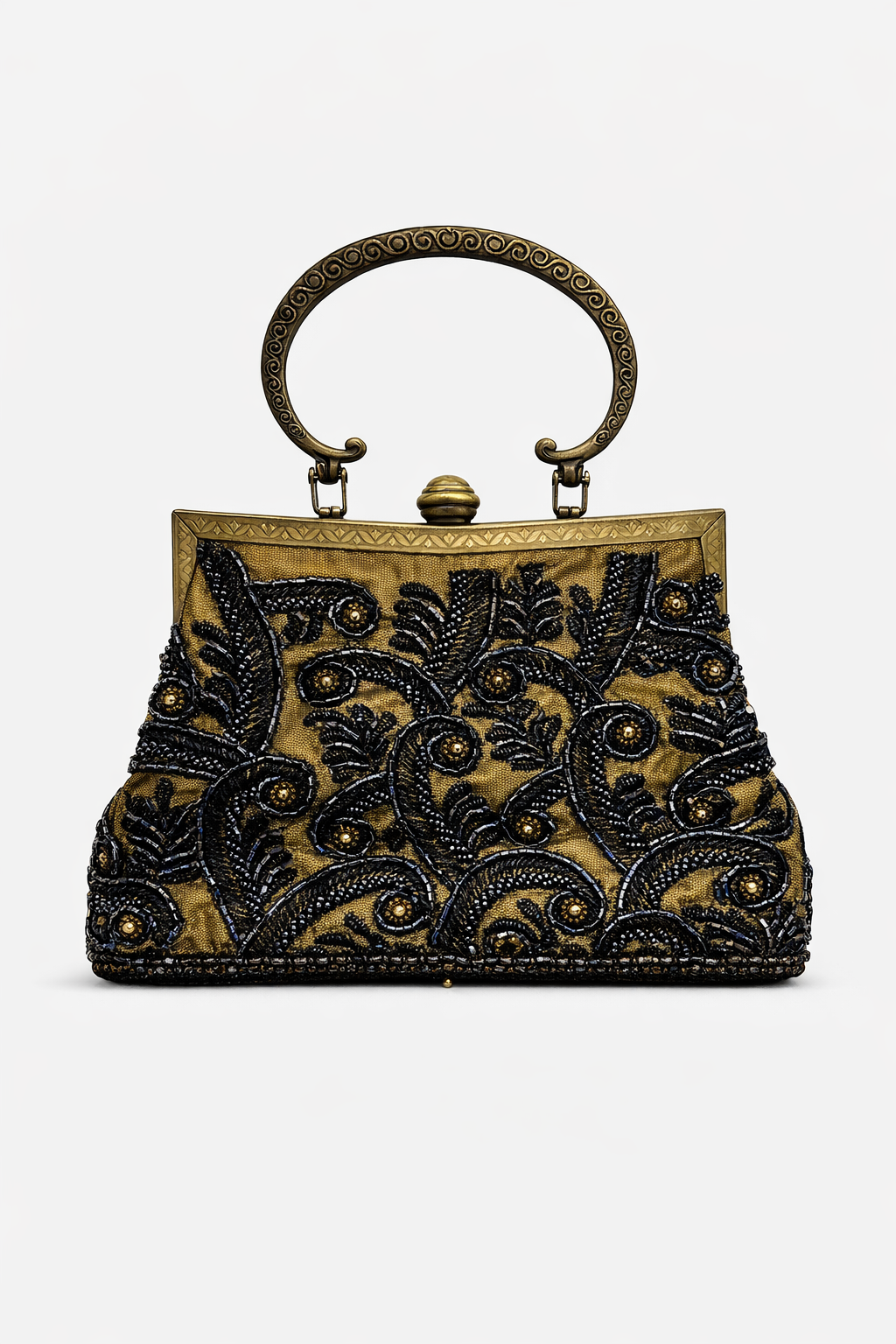 Bolso vintage bombonera ocre con flores grises y azules