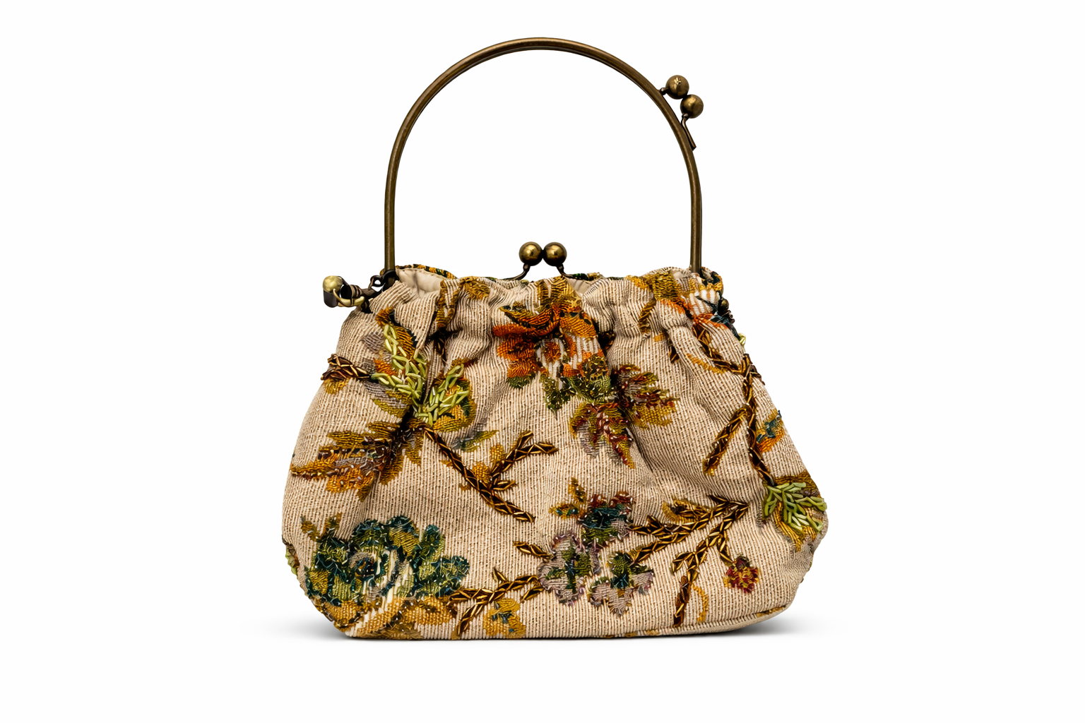 Bolso vintage bombonera beige con flores caldera, verde y azul