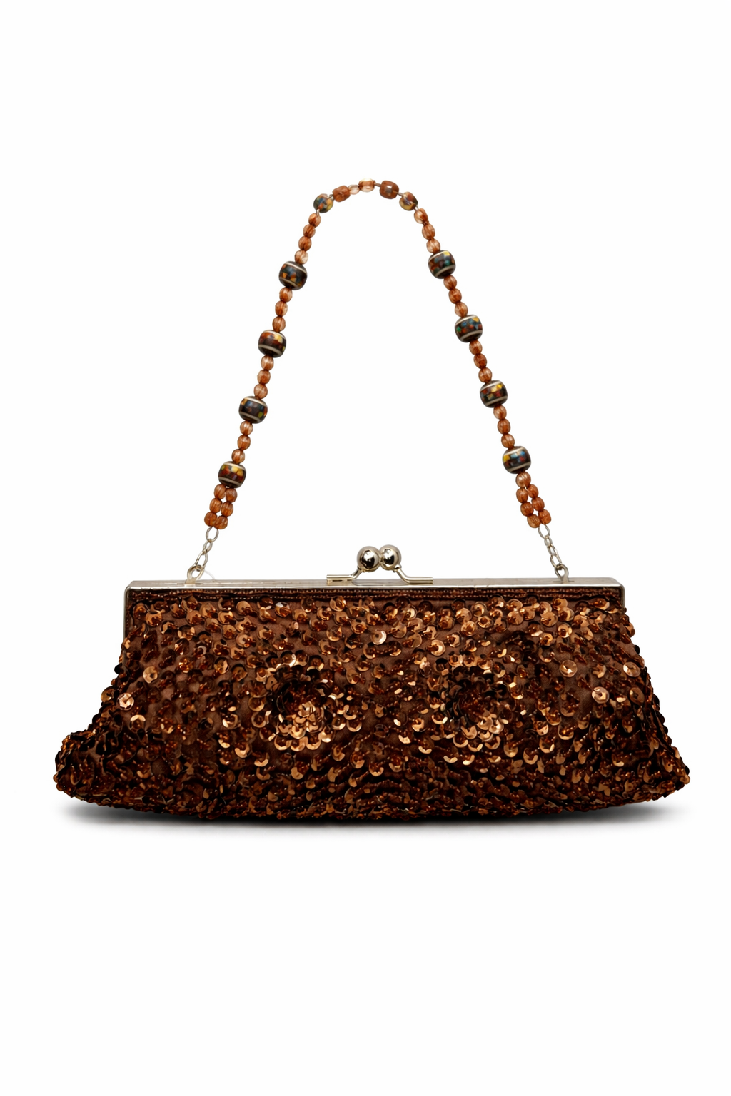 Bolso vintage marrón tipo clutch de lentejuelas bordadas y asa de cuentas