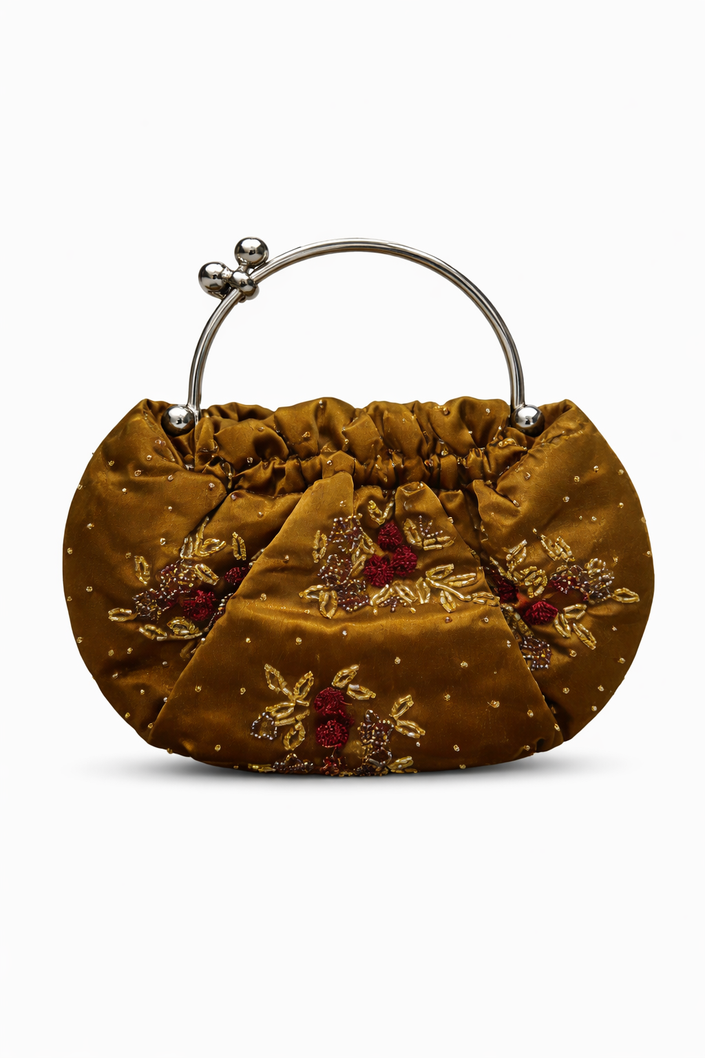 Bolso vintage bombonera marrón con flores rojas bordadas