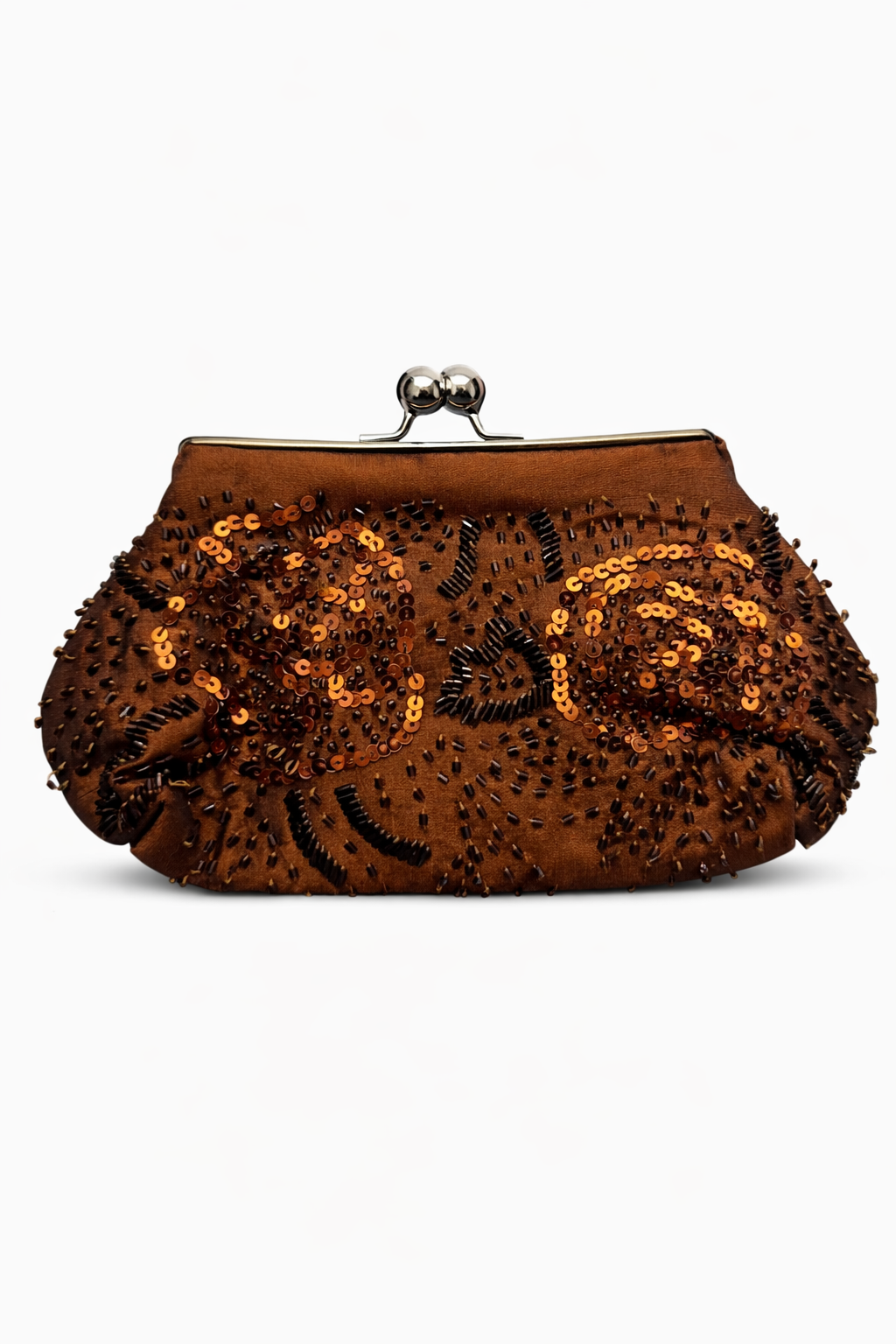 Bolso vintage marrón tipo clutch con amapolas bordadas en bronce