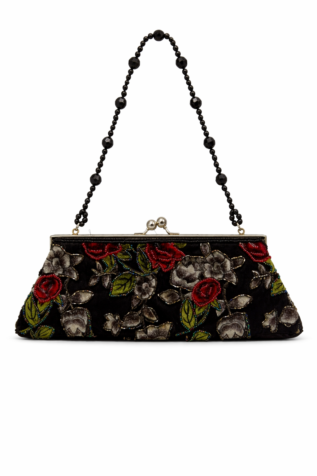 Bolso vintage negro tipo clutch con asa de abalorios y flores rojas bordadas
