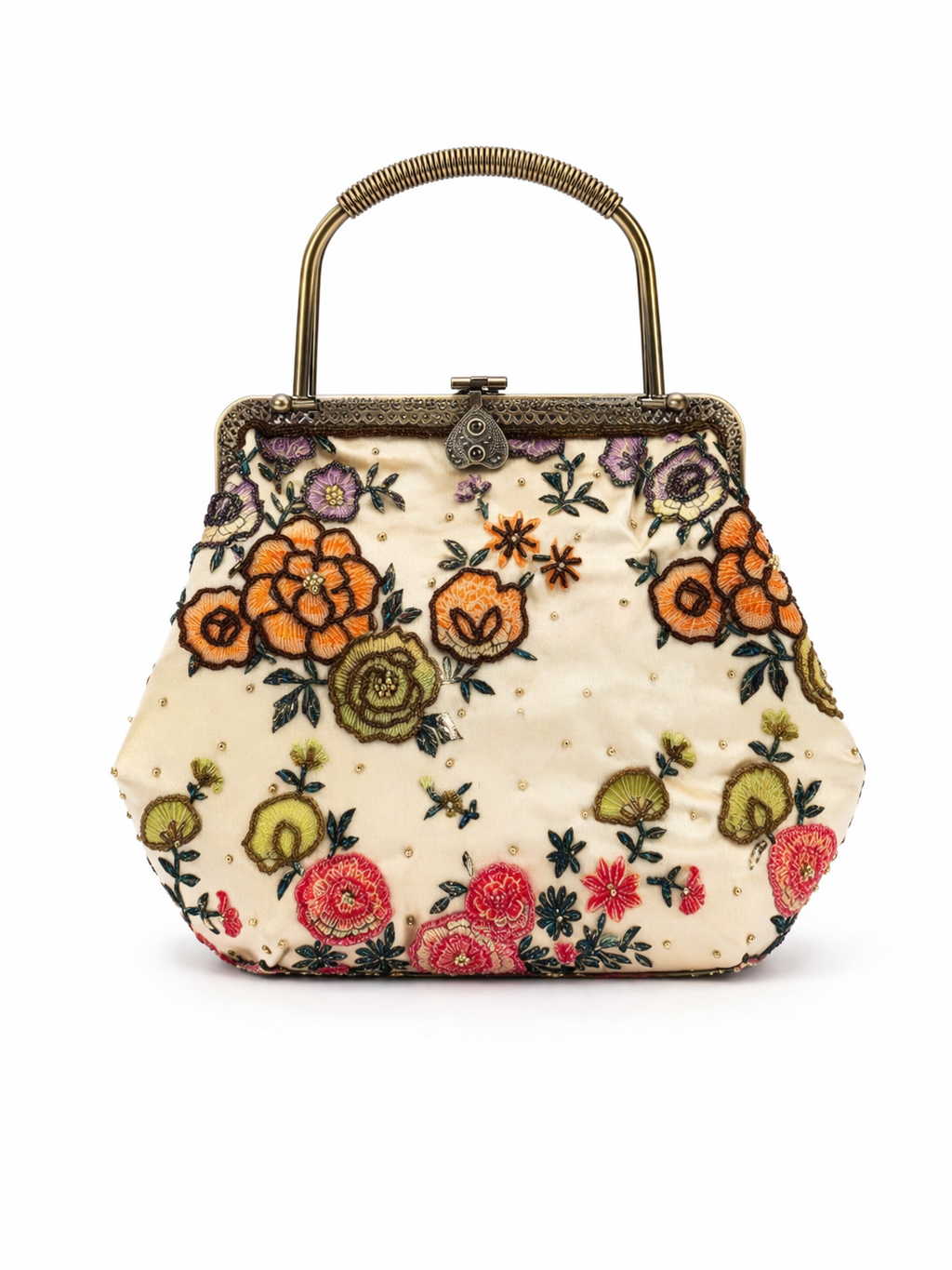 Bolso vintage bombonera beige con flores pistacho, morado, naranja y rojo