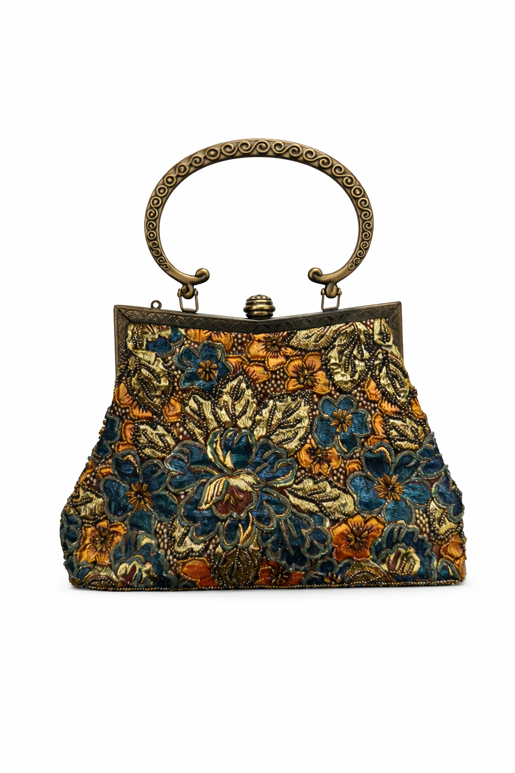 Bolsa vintage castanha, estilo saco, com bordado tribal.