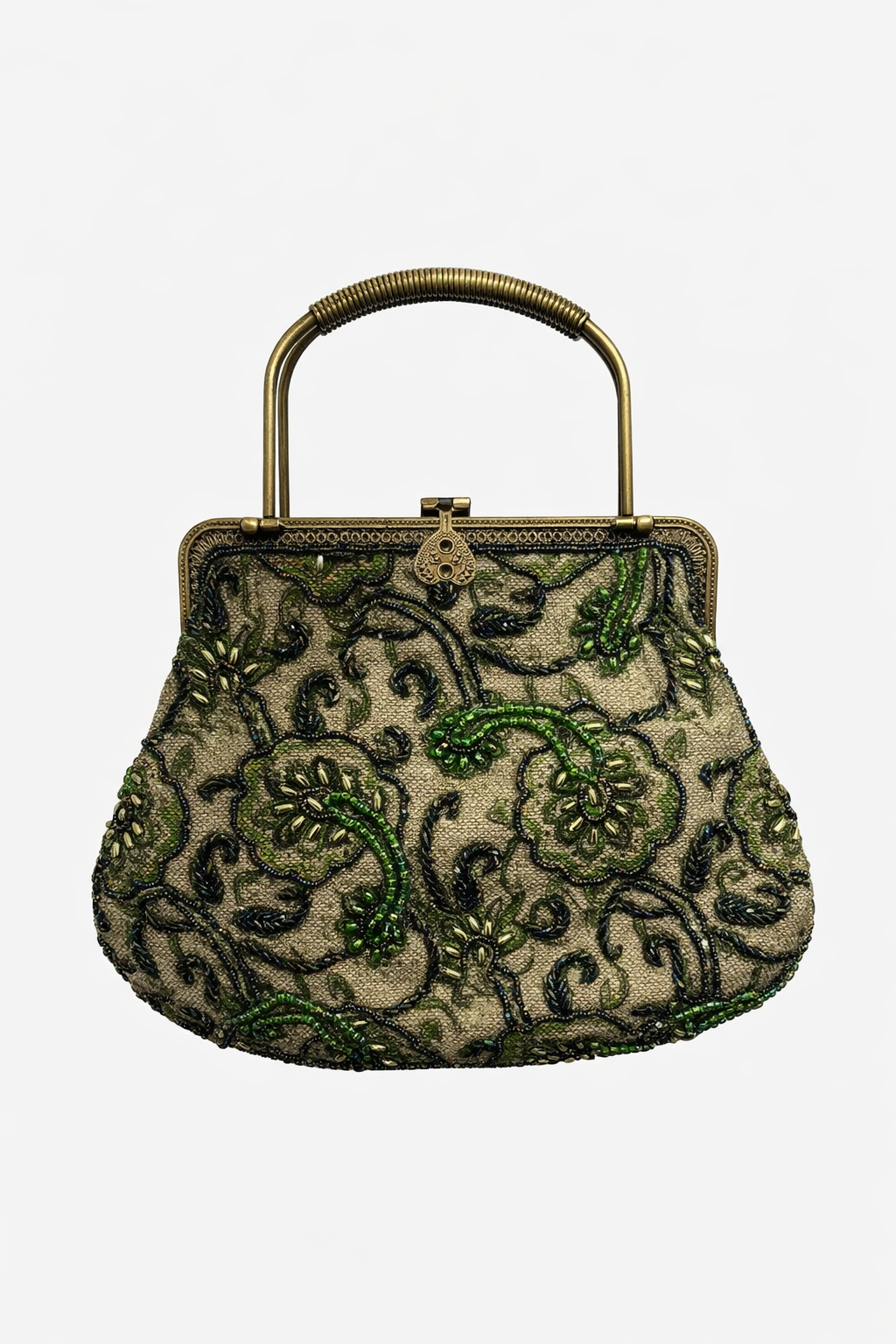 Bolso vintage bombonera beige con flores bordadas en verde y azul