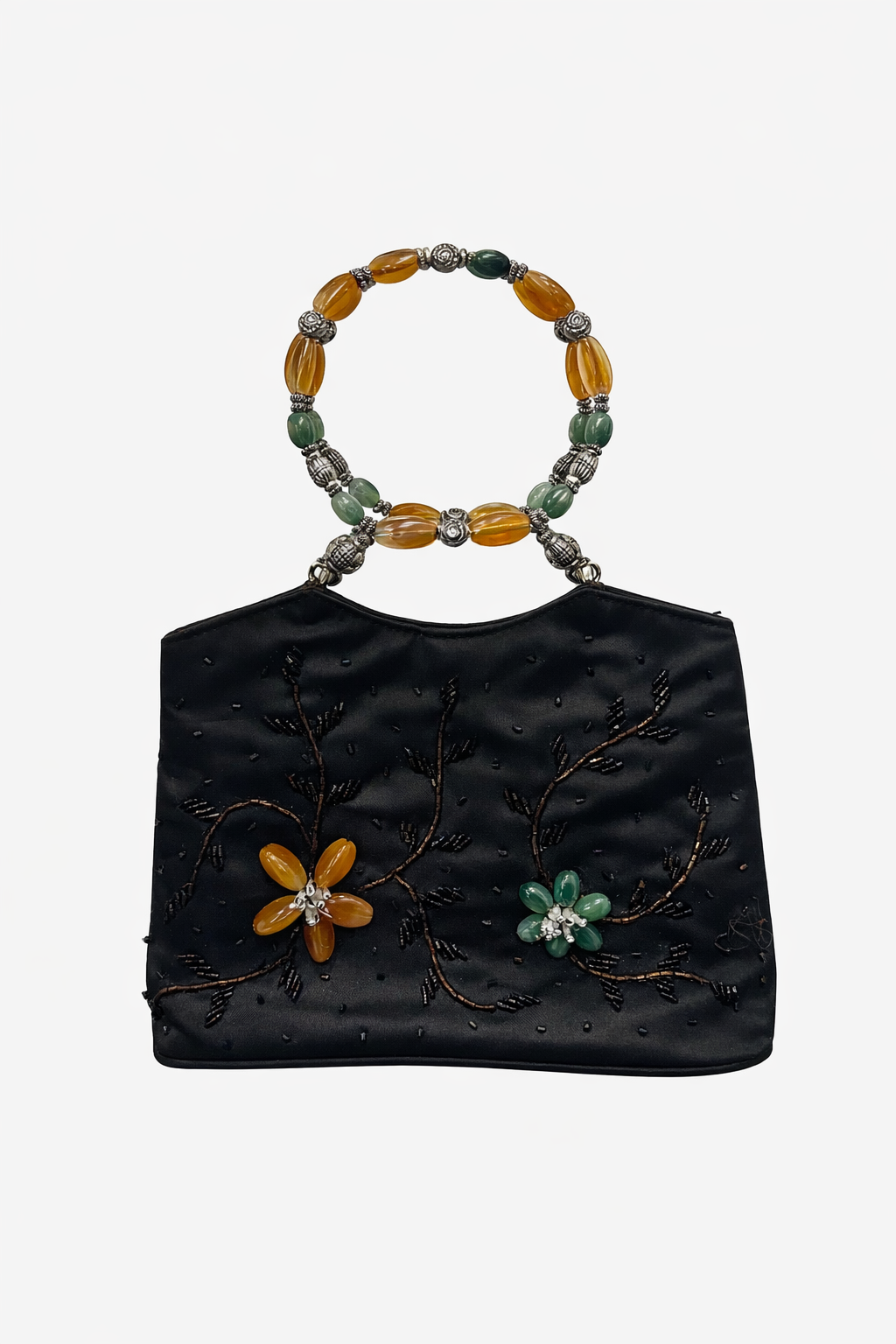 Bolso vintage negro tipo saco con asa de cuentas de bolas y flores bordadas