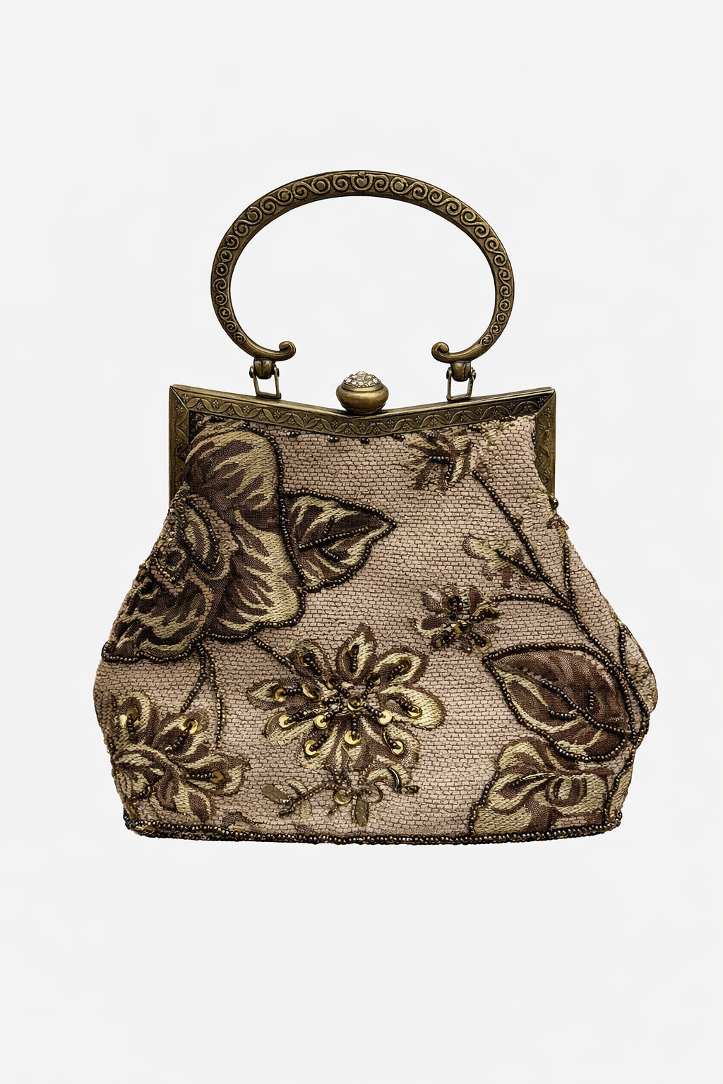 Bolso vintage bombonera beige con flores marrones y ocres