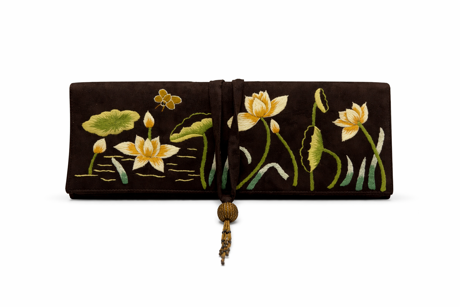 Bolso vintage marrón tipo sobre con cierre de borla de abalorios y flores bordadas