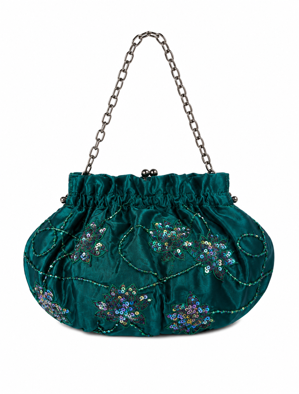 Bolso vintage verde tipo saquito con flores bordadas de lentejuelas