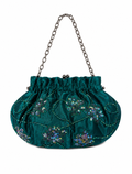 Bolso vintage verde tipo saquito con flores bordadas de lentejuelas