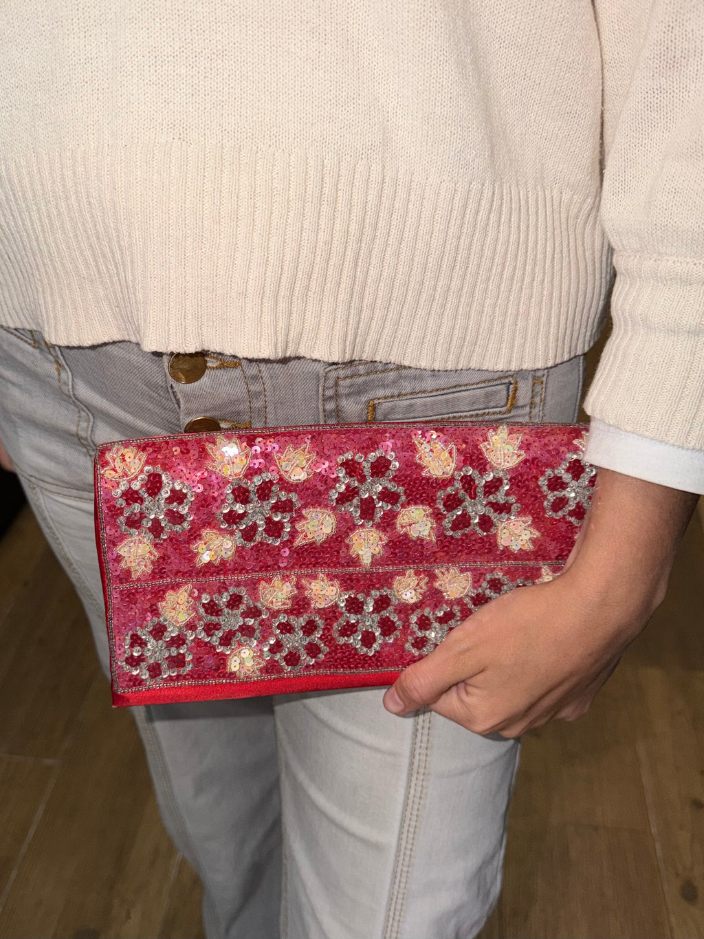 Bolso vintage de mano con lentejuelas, flores color rojo