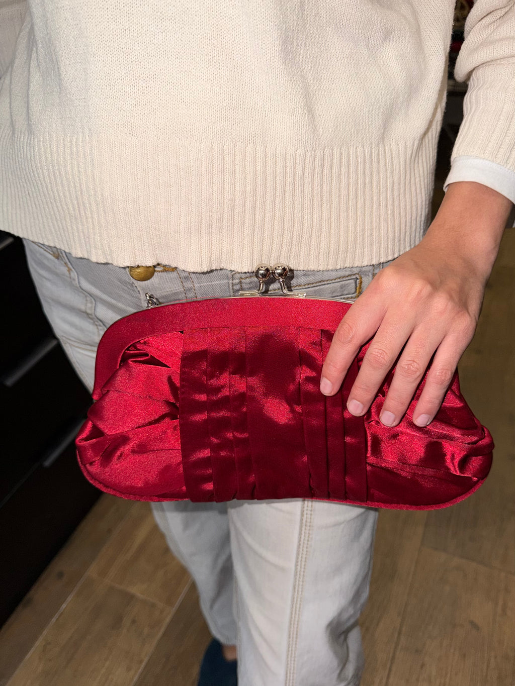 Bolso vintage tipo clutch con Cadena Satinado Rojo